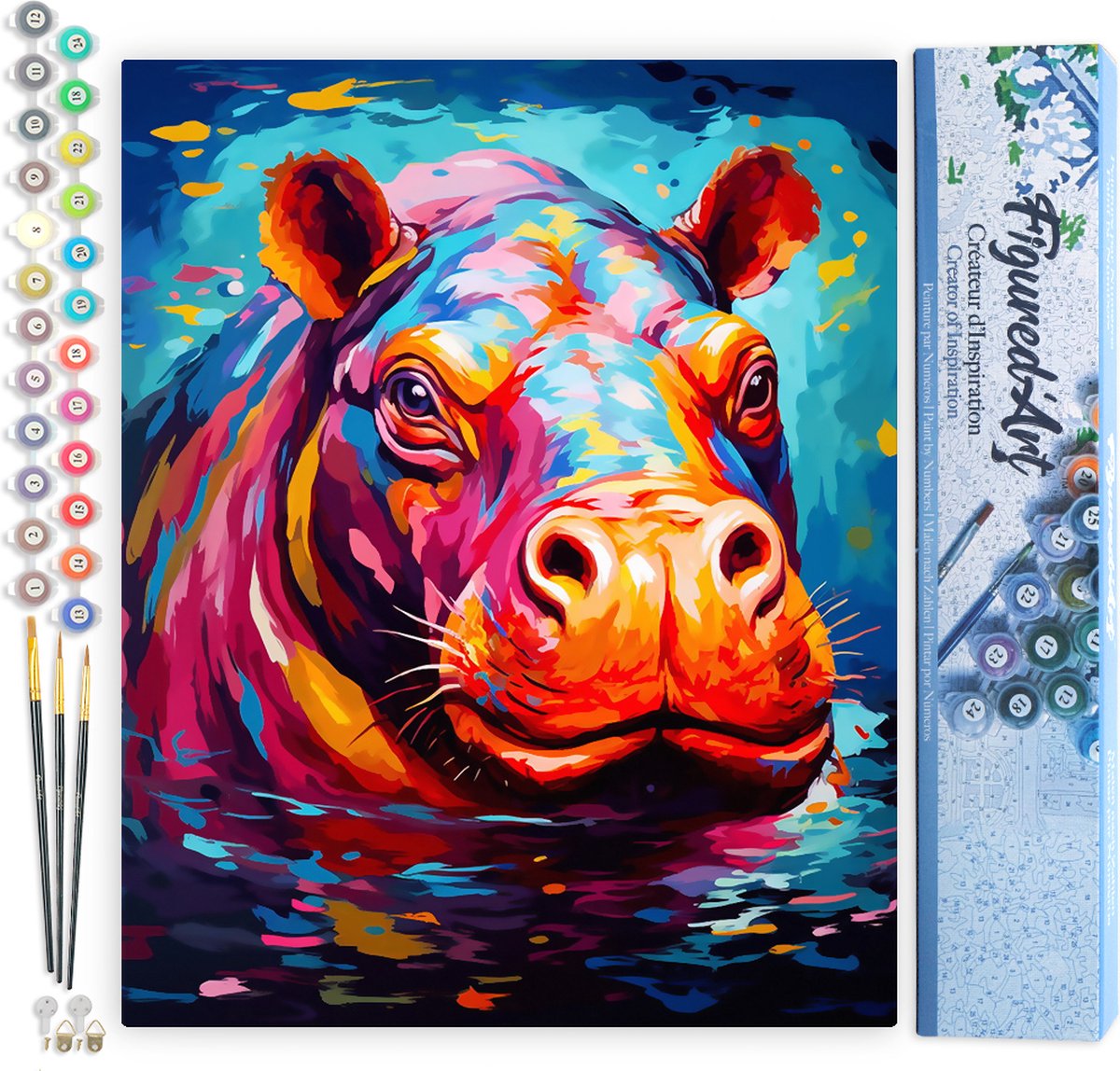 FiguredArt Schilderen op Nummer Volwassenen canvas Kleurrijke Abstracte Nijlpaard- Handwerk acrylverf Kit DIY Compleet - 40x50cm zonder frame